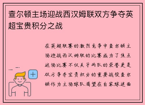 查尔顿主场迎战西汉姆联双方争夺英超宝贵积分之战